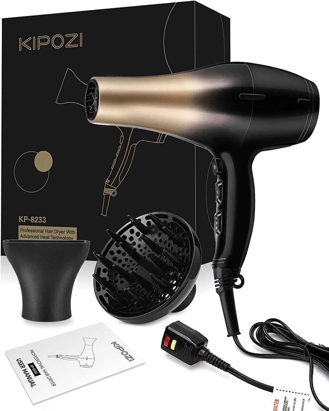 KIPOZI 1875W Professional Hair Dryer, Nano Ionic Fast Dry Hair Blow dryer with Diffuser and Concentrator, 2 Speed 3 Heat Cool Shot Setting, Low Noise