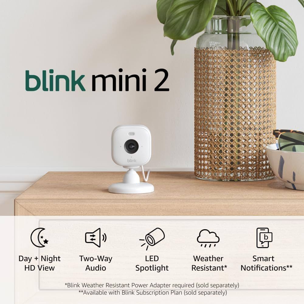 Blink Mini 2 — Home Security & Pet Cameras with HD video, color night view, motion detection, two-way audio, and built-in spotlight — 2 cameras (White