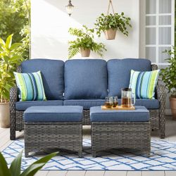 New OVIOS Heavy Duty 3 Pcs Patio Sofa Outdoor Sofa Patio Set Sectional Sofa Yard Porch, Grey Wicker, Denim Blue Cushion  New in box OGRS300L-1A *  * S