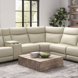 Brand New Beige Top Grain Leather Reclining Sectional Sofa 