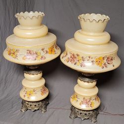 Pair Of Vintage Quiozel 3way Glass Hurricane Lamps, Hand Blown Glass With Hand Painted Floral Design