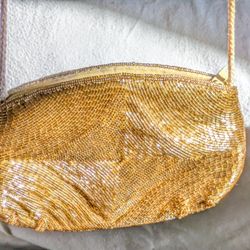 Vintage Gold Beaded Evening Purse- handbag- Cross body, Long Handle- Zipper Closure- Made in Macau- Formal Party Yellow
Elevate your style