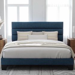 King upholstered bedframe, navy blue, modern, wooden slats