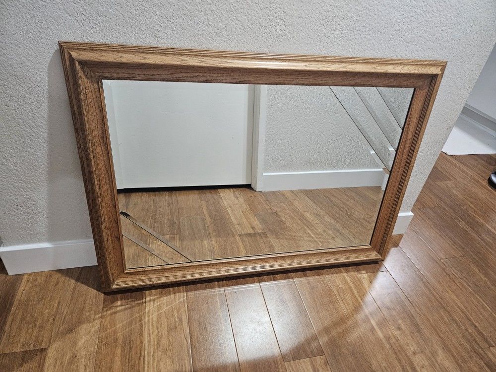 Antique Oal Wood Framed Mirror – 42"x30" – Decorative Etched Corners