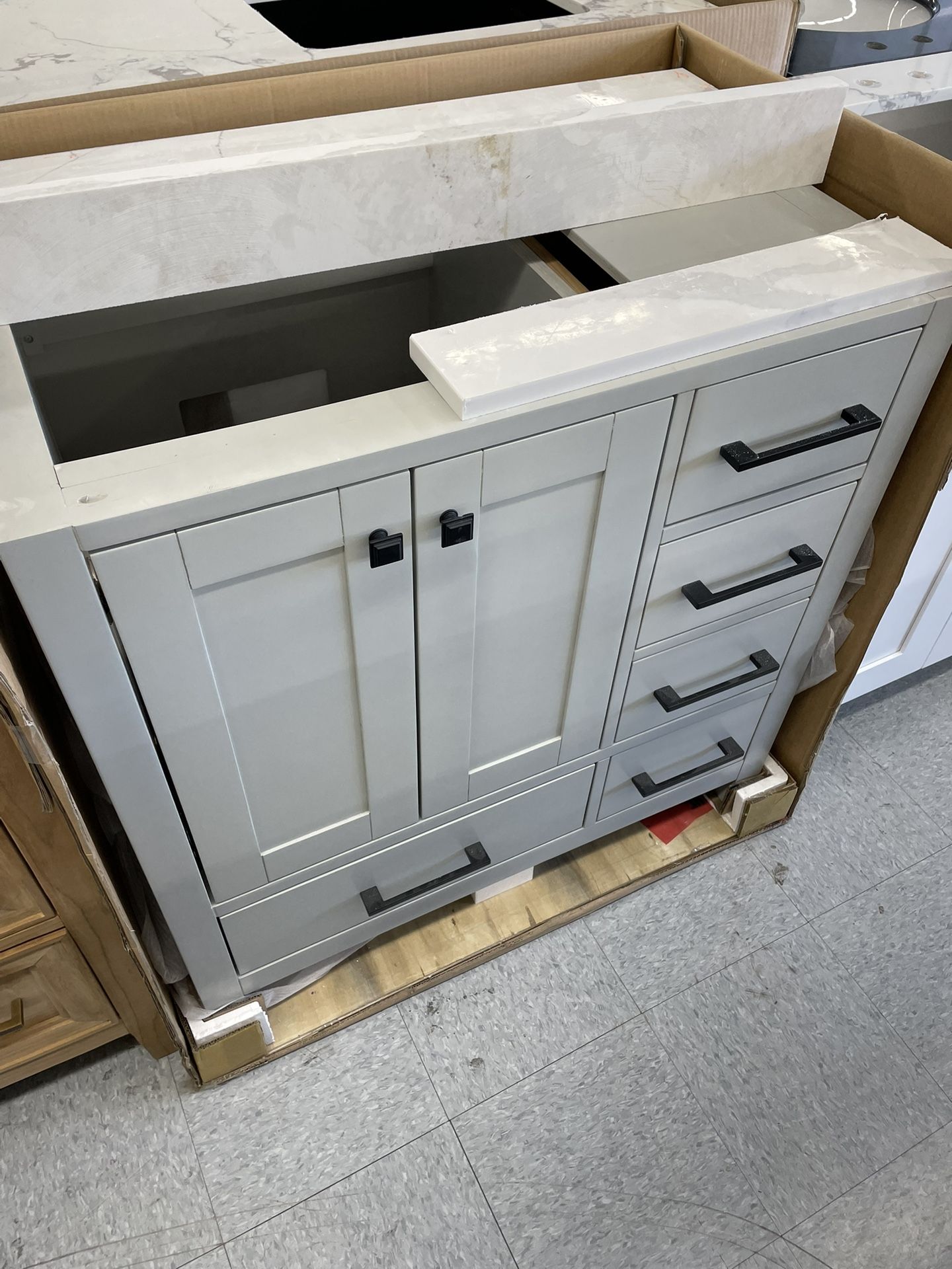 Bathroom vanity cabinet 36” solid mango Quartz top with sink and backsplash