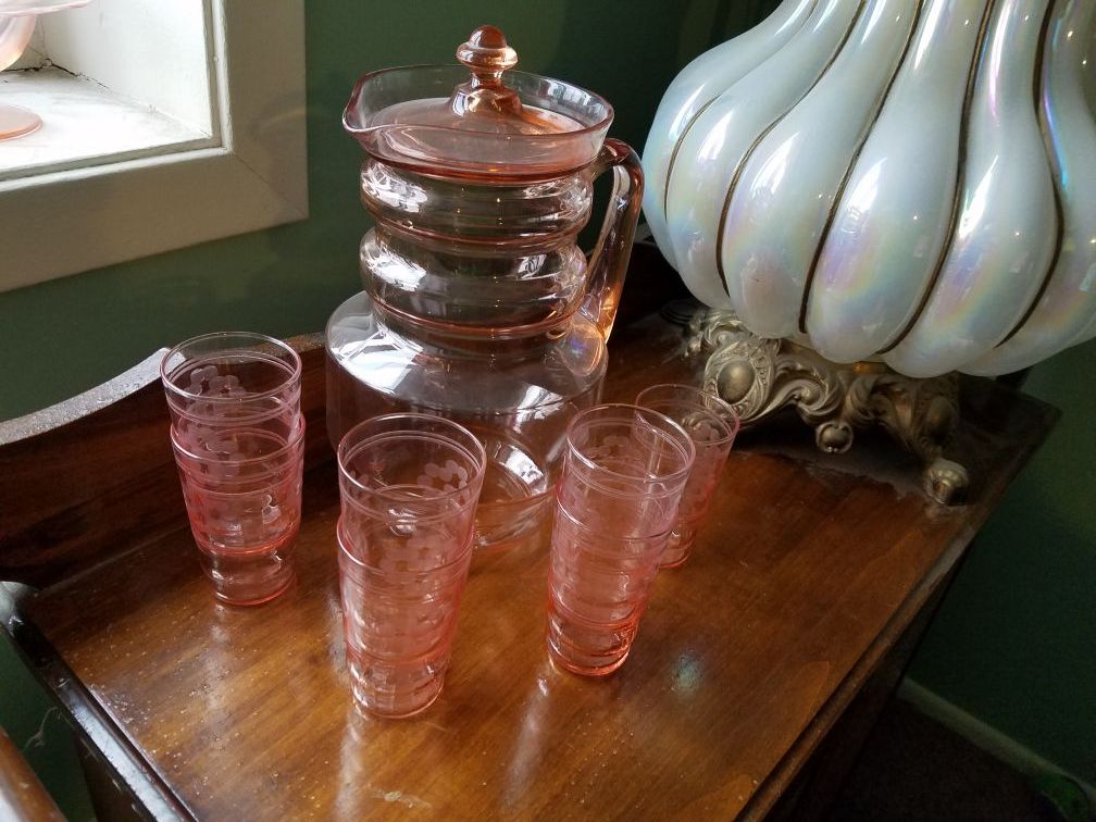 Vintage Pink depression glass pitcher and tumblers
