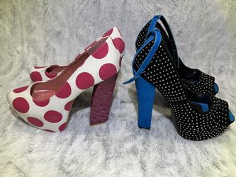 High Thick Heel Platform “Blue” “ Pink Polka Dots” 7.5