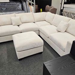 4-pc Sectional Sofa With Ottoman Ivory Corduroy 