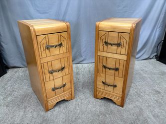 Vintage Blonde Transitional Art Deco Waterfall 3-Drawer Nightstand (Set of 2)