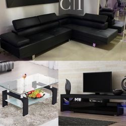 New Black Sectional Sofa Couch, Tv Stand And Coffee Table 