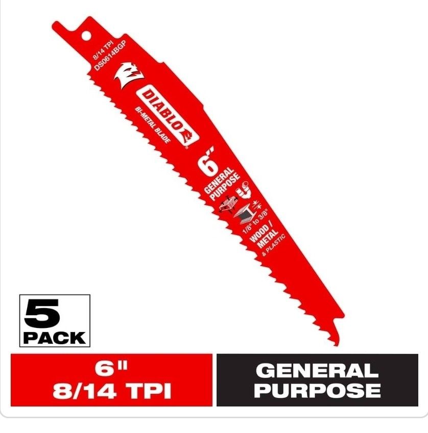 NEW 5-Pack DIABLO 6" Bi-Metal Recip Blades - General Purpose (Wood/Metal/Plastic)