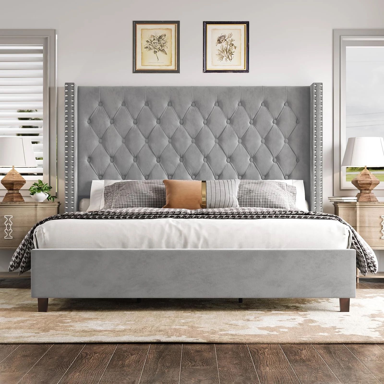 King Platform Bed Frame 61.4" Handmade Headboard Velvet Tall Upholstered Bed Deep Button Tufted