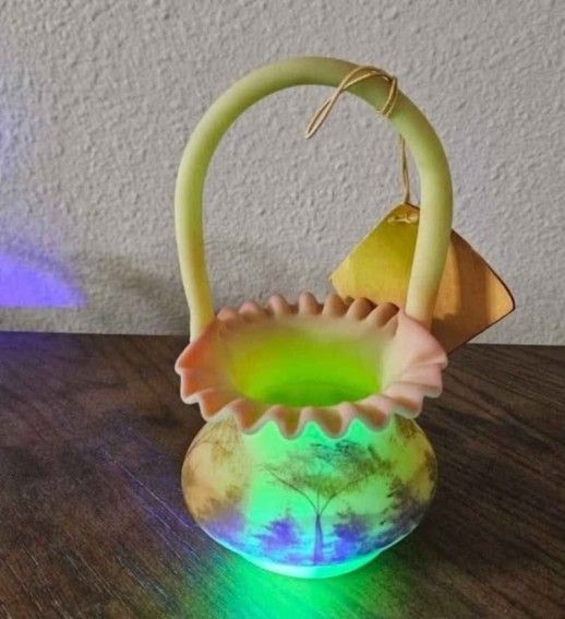 Fenton Burmese Glass Basket ~ Hand Painted Vintage Fenton Art Glass ~ Painted Trees Crimped Edges 7 X6"