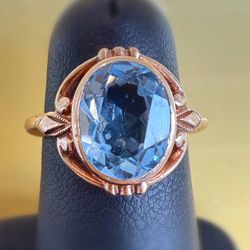 Vintage Art Deco 10k solid yellow gold 2.5 carat oval Aquamarine stone ring sz 4.75