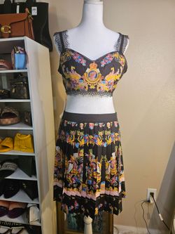Baroque Print Crop Top and Pleated Skirt Set