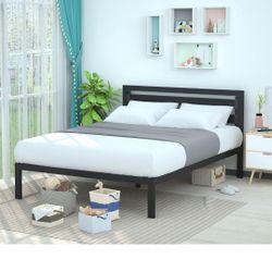 Amazon Basics Industrial Metal Bed Frame with Headboard and Wood Slats, 14 Inches High, Queen, Black, Box Is Broken Item In New