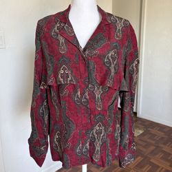 Francesca Of Damon For Starington 100% Silk Vintage Red And Green Print Blouse Size 10