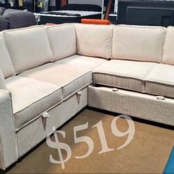 No Tax ‼️ Elegant 3-Pc Ivory Corduroy Sectional Sofa With Storage, Pullout Bed, And USB Port 