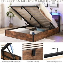 Queen Rustic Brown Metal Bed Frame Storage with Headboard