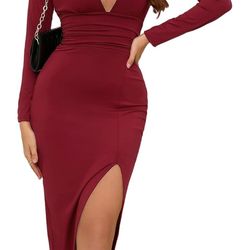 Party Dresses for Women Elegant Classy V Neck Long Sleeve Ruched Bodycon Cocktail Club Long Dress Burgundy M