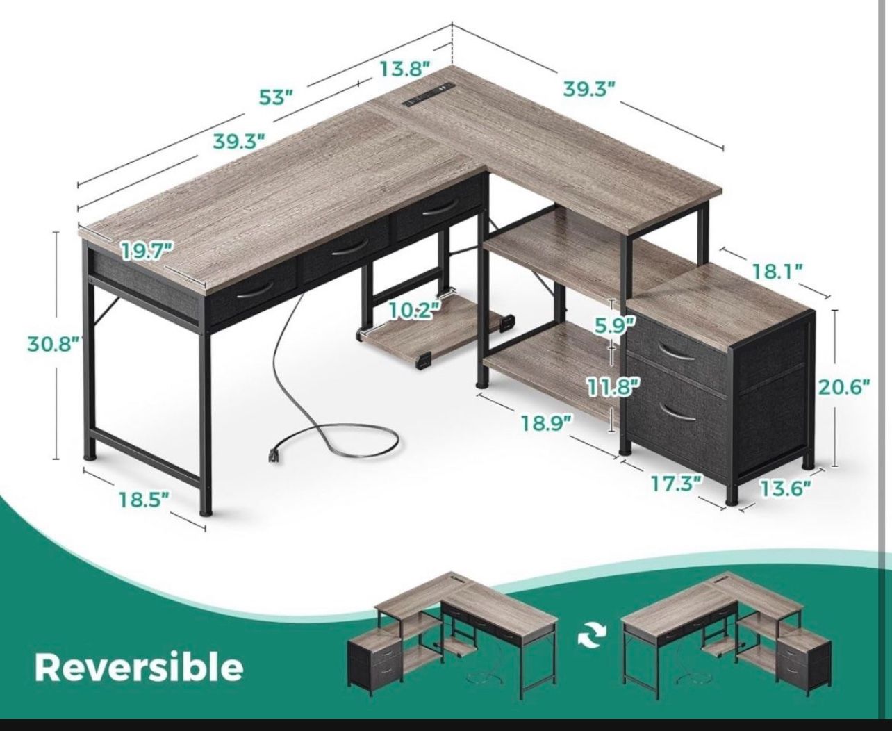 29-82 Work L Shaped Computer Desk With Fabric Drawers And File Cabinet