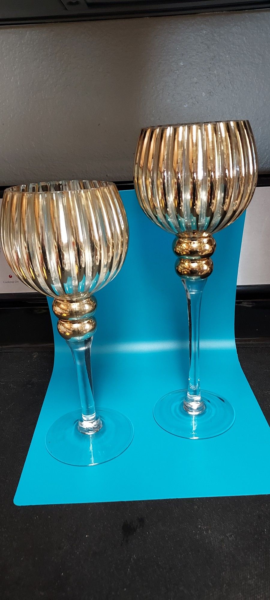 2 Charisma Gold Tone Hurricane Candle Holders 12" & 14"