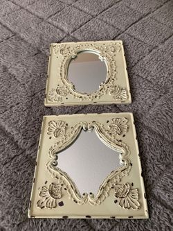2 pale green 8”x8” mirrors with distressed frames
