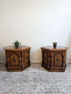 Vintage Hexagon End Tables w/ Storage Cabinet – Matching Pair
