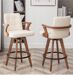 MEKLIBA 26” Counter Height Bar Stools,Leather Upholstered Bar Chair, Swivel Bar Stools with Back and Arms,Modern Beige Barstool Set of 2 for Kitchen I
