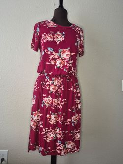 Esimier Fariry Women's Large Burgundy Floral Midi Dress Pockets