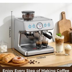 Espresso Machine with Grinder, 20 Bar Pressure Professional Coffee Maker with 30 Grinding Settings, 58mm Portafilte, Anti-scalding Milk Frother Steam 