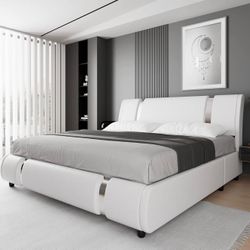 Modern King Faux Leather Bed Frame with Iron Pieces Decor, White B-10