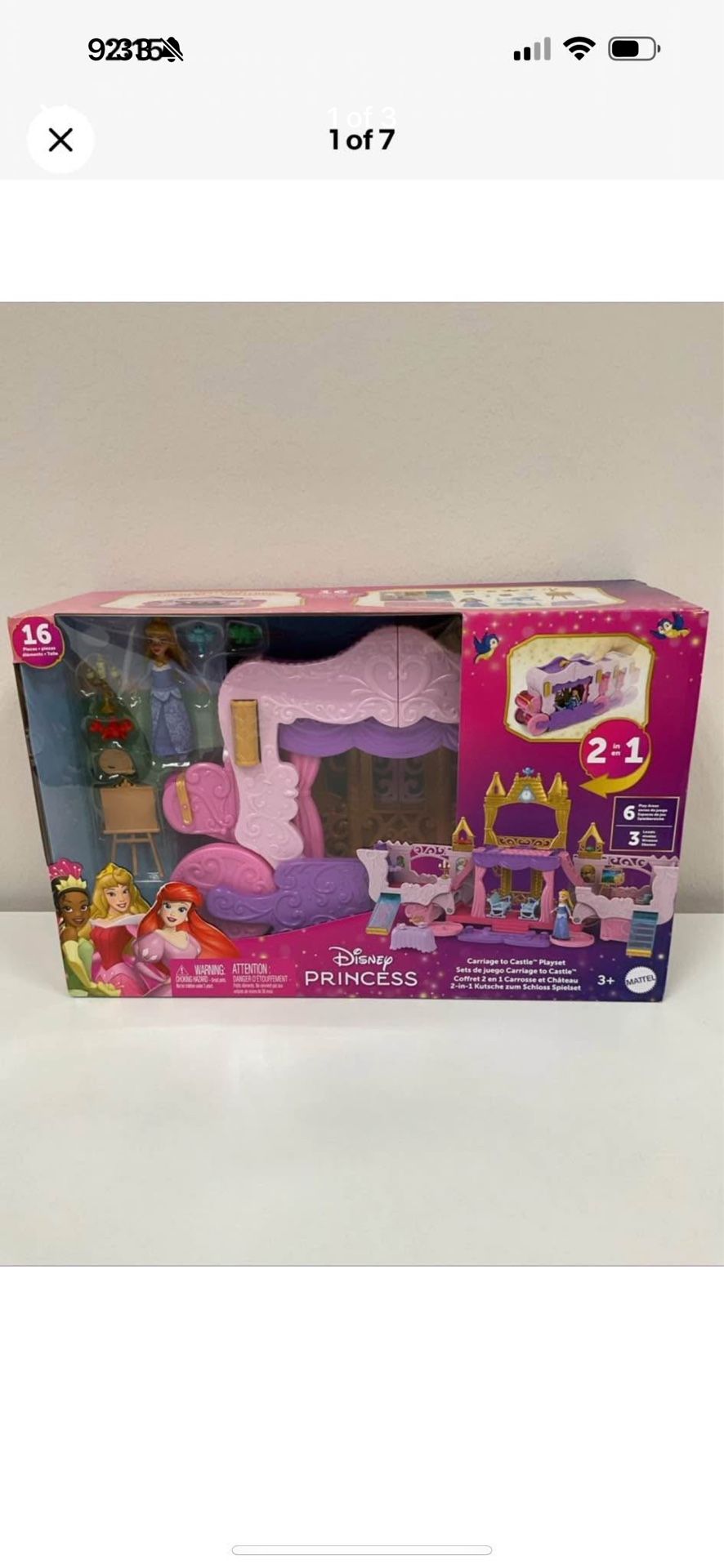  Disney Princess Toys, Carriage to Castle Transforming Playset with Aurora Small Doll, 4 Figures, Furniture & Accessories