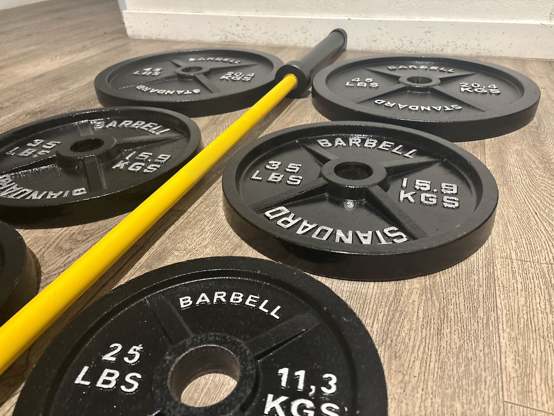 Beautiful BRAND NEW Olympic Equipment: Bar And Full Set Of Weight Plates. Total Of 290 lbs