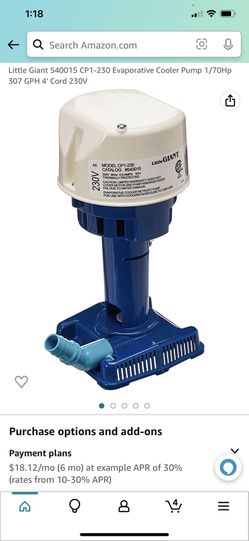 Little Giant 540015 CP1-230 Evaporative Cooler Pump 1/70Hp 307 GPH 4' Cord 230V