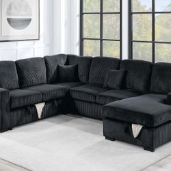 New! 120”L Black Sectional Sofa Bed,Sectionals, Sofa, Couch, Corduroy Sectional Sofa With Storage, Sleeper Sofa. Sofabed, Sofa Bed,U Shaped Sectionals