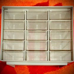 Vintage 15 Drawer Plastic Storage Cabinet Organizer Crafts Parts. Gray & Clear. Size: 9.5" X 6.5" X 7.5".