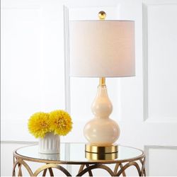 JONATHAN Y 20.5" Ivory Glass Table Lamp, Modern Gourd Bedside Nightstand Lamp for Bedroom, Living Room, White Linen Shade, LED Bulb Included (JYL1028B