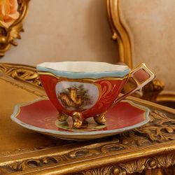 L & R Austria Antique Hand-Painted Footed Red Gold Demitasse Cup & Saucer