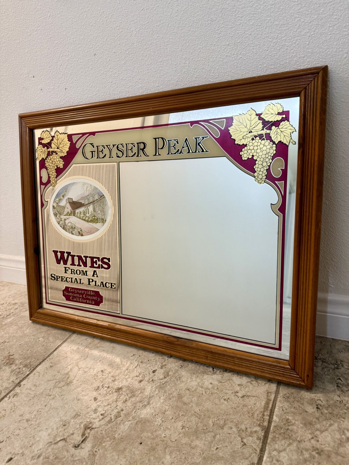 Vintage 1980s Geyser Peak Wine Mirror 26x20 – Bar/Mancave Décor