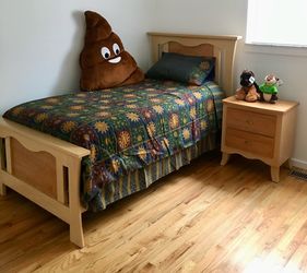 Twin bed frame, mattress and nightstand