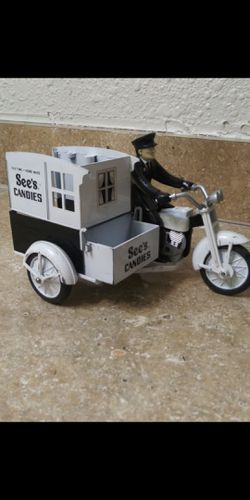 (VINTAGE) See's Candies cast iron toy motorcycle and delivery Sidecar
