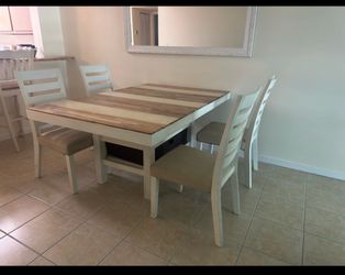 Modern Farmhouse Dining Table Set (Table, 4 Chairs + Storage Basket)