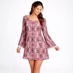 Xhilaration Boho Paisley Whimsigoth Mini Dress Bell Sleeve Lace Trim Size L  