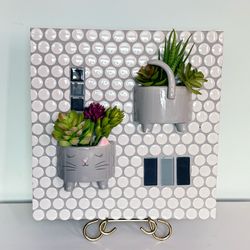 Handmade Mosaic Wall Art with cat planter and faux succulents