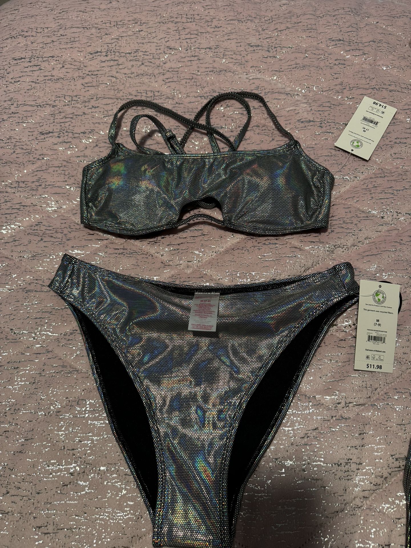 Net Womens Medium Or Large Shiny Silver Black Bikini Swimsuit Set