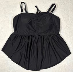 Women’s Black Peplum Swim Top Spaghetti Strap Ruched Front Babydoll Swimsuit Top