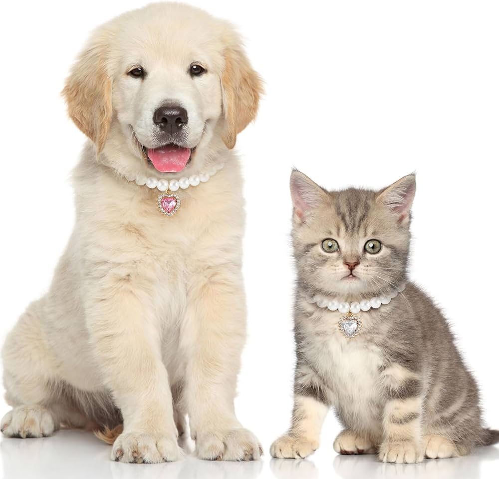2pcs Cat Pearl Necklaces, Cute Heart Shaped Pendant Cat Dog Collar Adjustable L