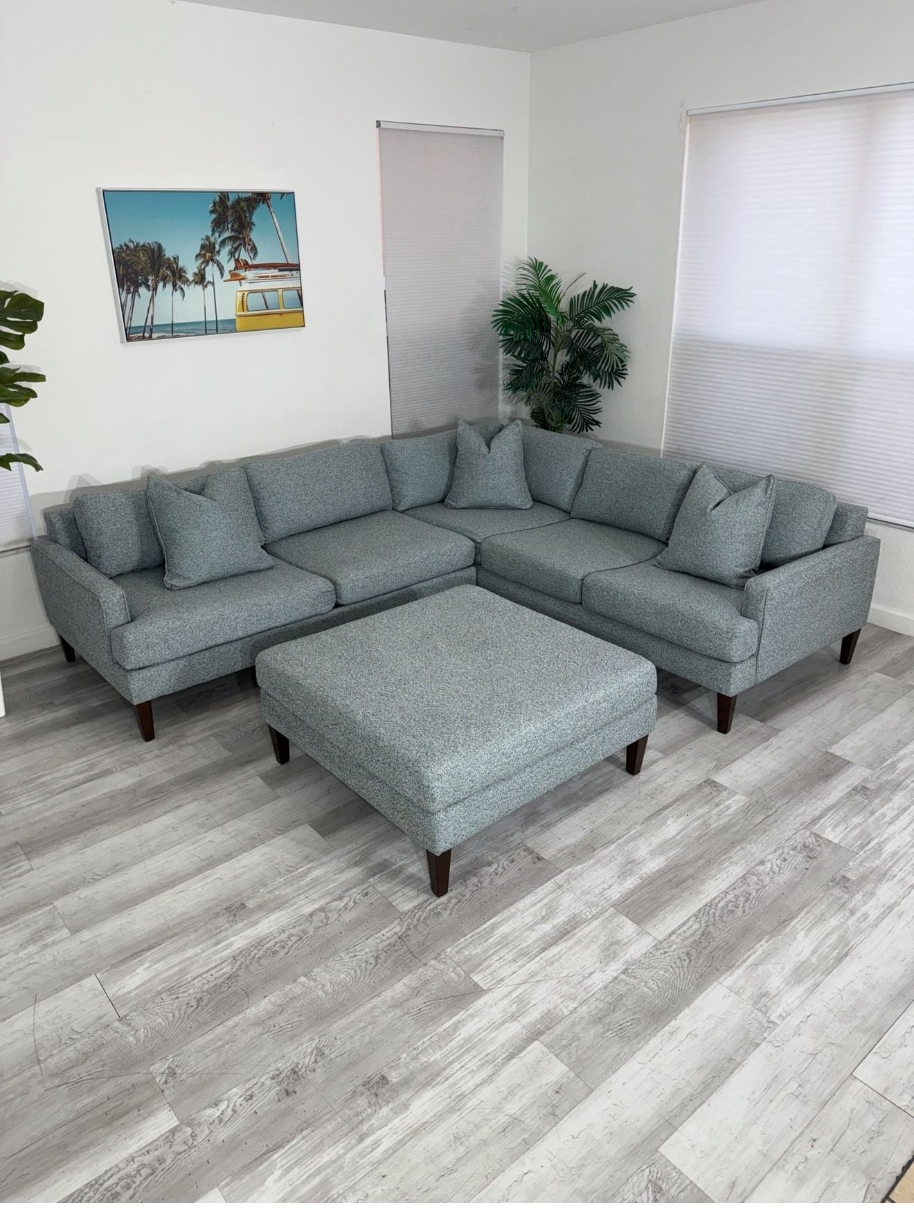 Mid-Century Modern Sectional - Gray Fabric + Ottoman