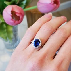 Blue Lab-created Sapphire Ring 925 Sterling Silver.